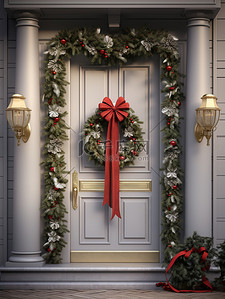 门上装饰背景图片_圣诞花环挂在门上18