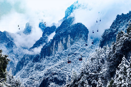 张家界天门洞手绘摄影照片_冰雪张家界天门山索道