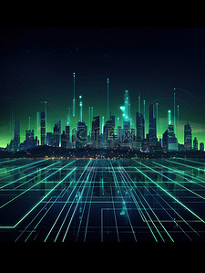科技绘背景图片_城市轮廓科技线条绿色线绘17