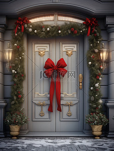 门上装饰背景图片_圣诞花环挂在门上14