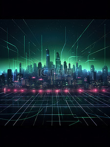 城市科技绿背景图片_城市轮廓科技线条绿色线绘9