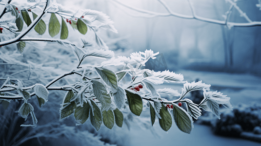 冬季被冰雪覆盖的枝叶