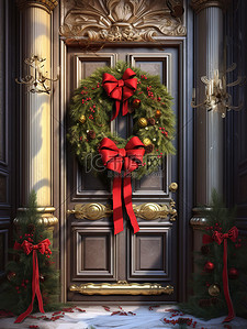 节日2背景图片_圣诞花环挂在门上2