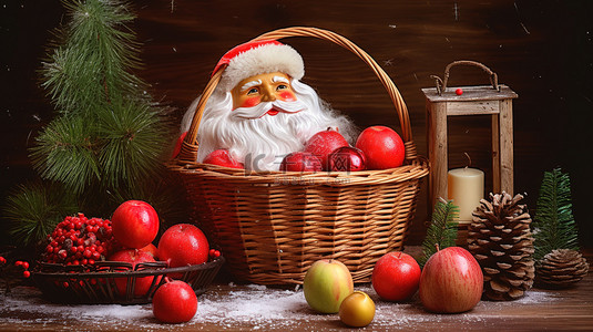 平安夜苹果背景图片_圣诞老人和篮子里的苹果17