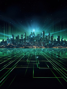 科技绘背景图片_城市轮廓科技线条绿色线绘6