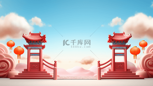 中国风门楼景物创意插画3