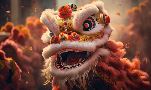 中国风水墨花摄影照片_春节传统舞狮表演