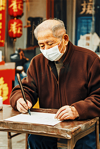 春节写福字摄影照片_过年春节写对联的老爷爷