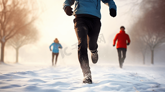 跑步中的人摄影照片_冬季雪地中跑步的人