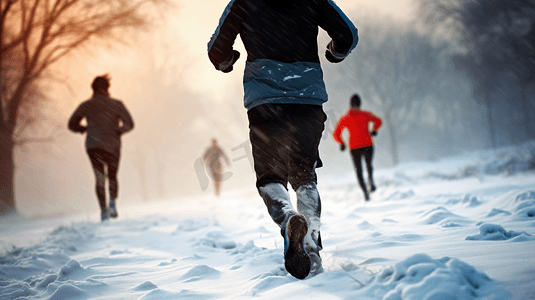 跑步运动的人摄影照片_冬季雪地中跑步的人