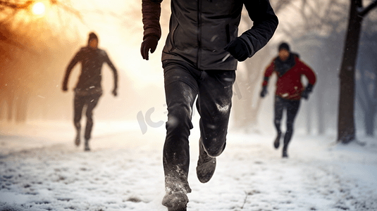 冬季雪地中跑步的人