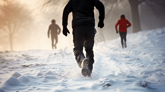 跑步中的人摄影照片_冬季雪地中跑步的人