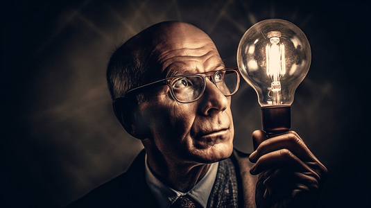 电灯泡大脑摄影照片_肖像商人与头上的灯泡灵感和创新相适应以便成功思考和创意智慧远见大脑解决方案商业概念的思维和想法