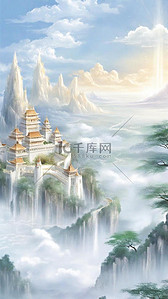 蓝色中国风山水背景图片_蓝色中国风清新云雾里的宫殿背景