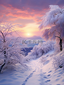 雪背景图片_被雪覆盖的树木日出浅紫色17