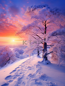 冬天紫色背景图片_被雪覆盖的树木日出浅紫色9