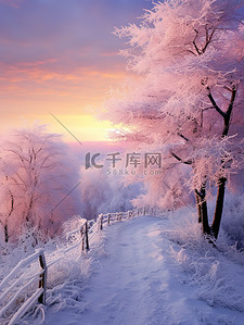 冬天紫色背景图片_被雪覆盖的树木日出浅紫色4