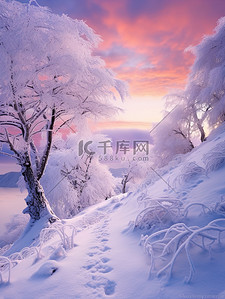 美雪背景图片_被雪覆盖的树木日出浅紫色16