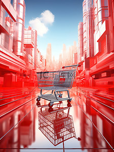 红色购物车背景图片_银色购物车红色的建筑背景19
