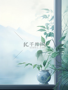 水滴树叶背景图片_窗台柔和梦幻绿植3