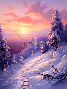 冬天紫色背景图片_被雪覆盖的树木日出浅紫色3