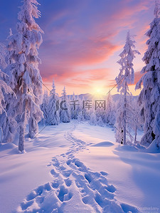 冬天紫色背景图片_被雪覆盖的树木日出浅紫色7