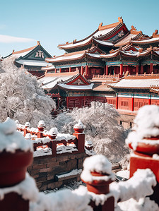 冬天古建筑背景图片_中国红墙古建筑积雪19