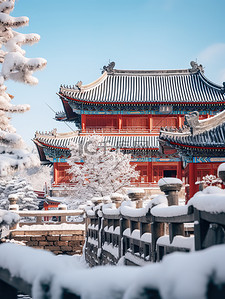 冬天古建筑背景图片_中国红墙古建筑积雪1