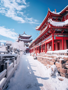 冬天古建筑背景图片_中国红墙古建筑积雪15