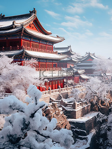 冬天古建筑背景图片_中国红墙古建筑积雪4