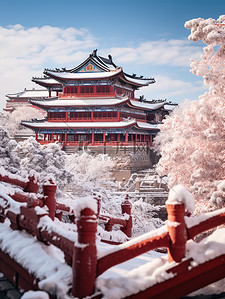 冬天古建筑背景图片_中国红墙古建筑积雪9