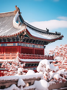 大雪背景图片_中国红墙古建筑积雪5