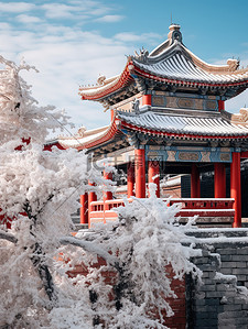 冬天古建筑背景图片_中国红墙古建筑积雪2