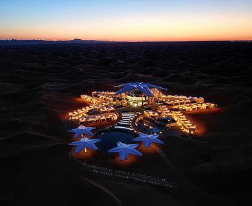 宁夏中卫沙漠星星酒店夜晚傍晚俯视全景摄影摄影图配图