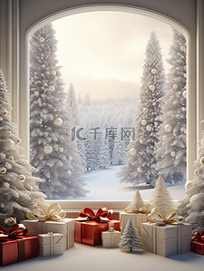 白色圣诞树背景图片_白色窗户圣诞节日装饰6