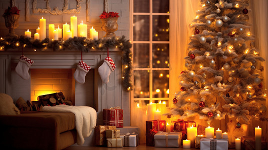 金色圣诞树简约摄影照片_圣诞节房间内的圣诞树