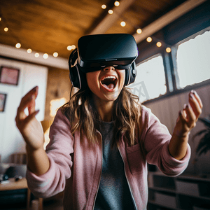 兴奋的青少年潮女孩玩虚拟现实视频游戏戴上vr眼镜头戴控制器享受视频游戏模拟器身临其境的未来3D vr 360视频互动体验在家里