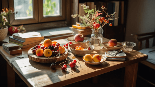 木桌上的书籍与水果