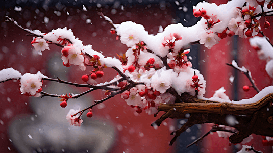 冬季被冰雪覆盖的梅花
