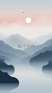 落日太阳背景图片_简约浅色落日山脉背景3