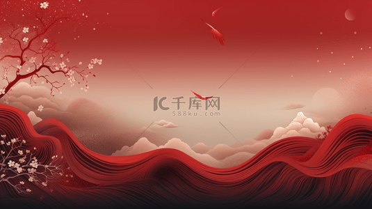 中国风花山水背景图片_红色中国风山水创意背景1