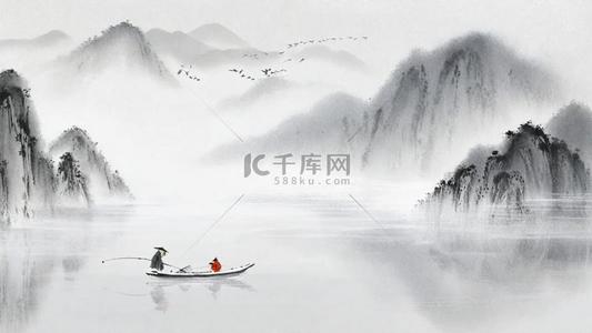 水墨冬天背景图片_冬天国风水墨山水孤舟蓑笠翁独钓寒江雪诗词