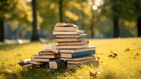 草坪上堆叠的书籍