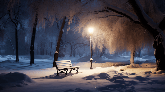 冬日大雪后夜晚街灯下被雪覆盖的长椅背景图片