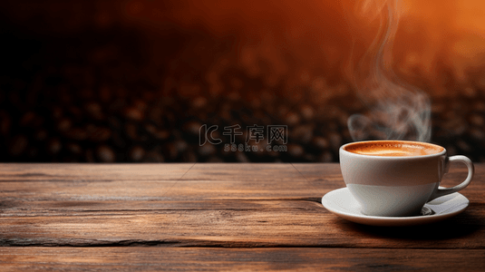 咖啡杯背景图片_写实咖啡杯咖啡豆木桌背景6