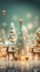 梦幻麋鹿背景图片_蓝色梦幻圣诞节场景背景
