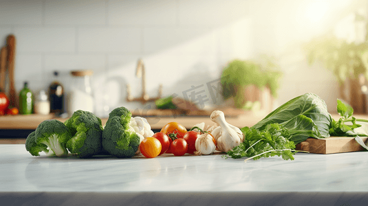 白灼西蓝花摄影照片_厨房桌面上有一堆新鲜蔬菜9