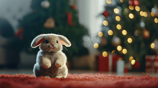 圣诞树下的毛绒玩具小兔子