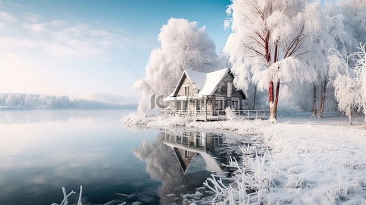 冬天雪景湖边的房子6