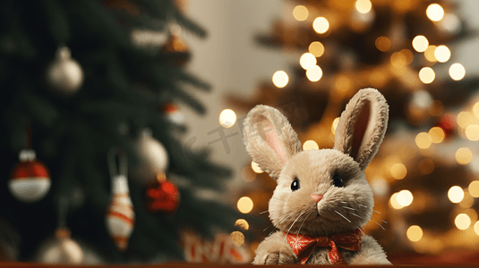 圣诞节平安夜礼物摄影照片_圣诞树下的毛绒玩具小兔子